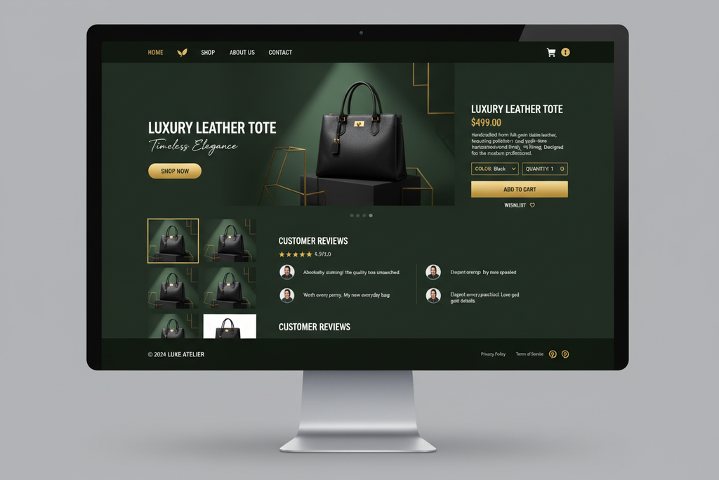 gerate image ecommerce page whit color dark green white black and gold